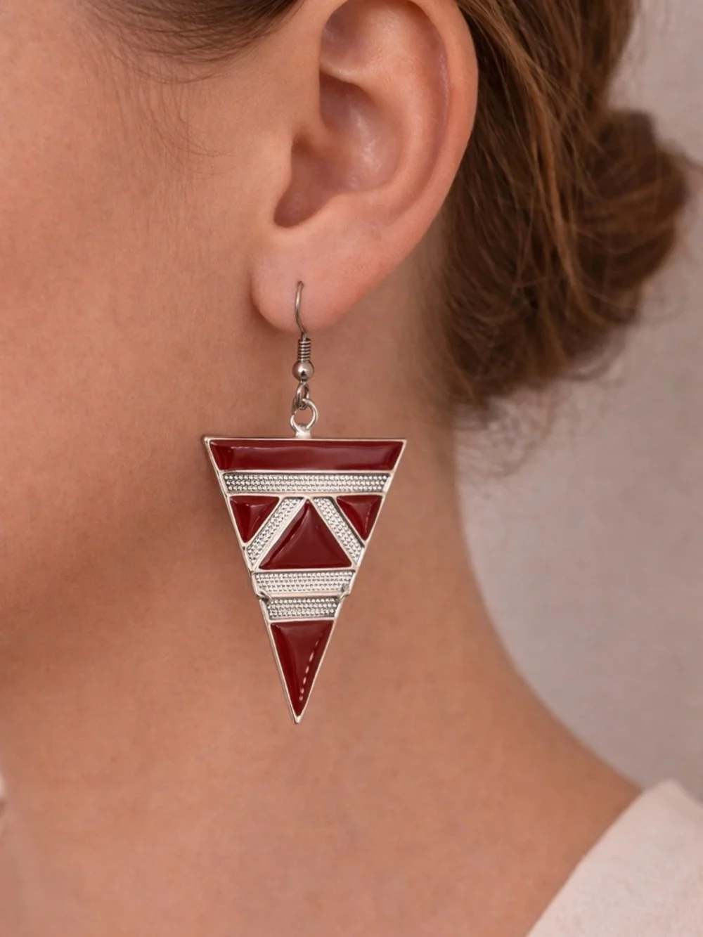 Red Silver Triangle Drop Earrings | Geometric Art Deco Statement